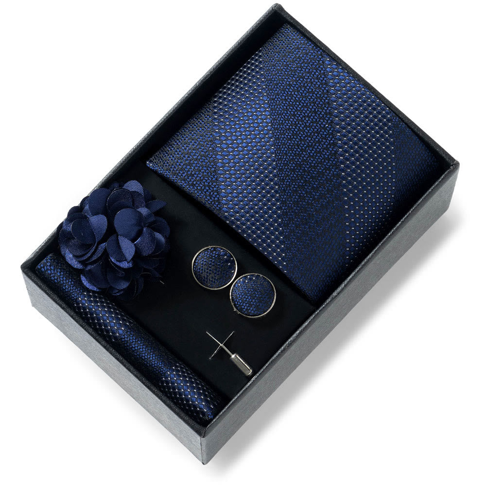 4-teiliges Herren-Set aus stilvollem, gemustertem Stoff: Krawatte, Einstecktuch, Manschettenknöpfe und Reversblume - Stil Nr. 16 - image 15