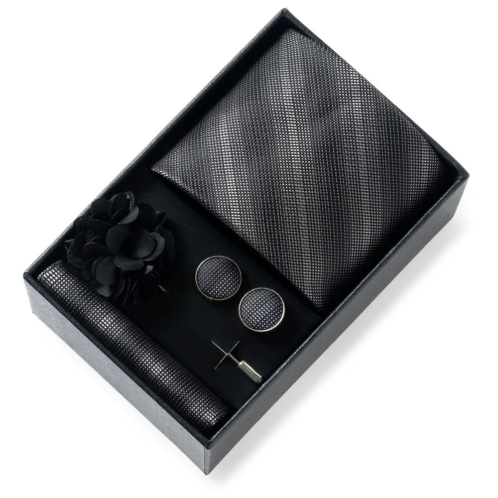 4-teiliges Herren-Set aus stilvollem, gemustertem Stoff: Krawatte, Einstecktuch, Manschettenknöpfe und Reversblume - Stil Nr. 11 - image 10