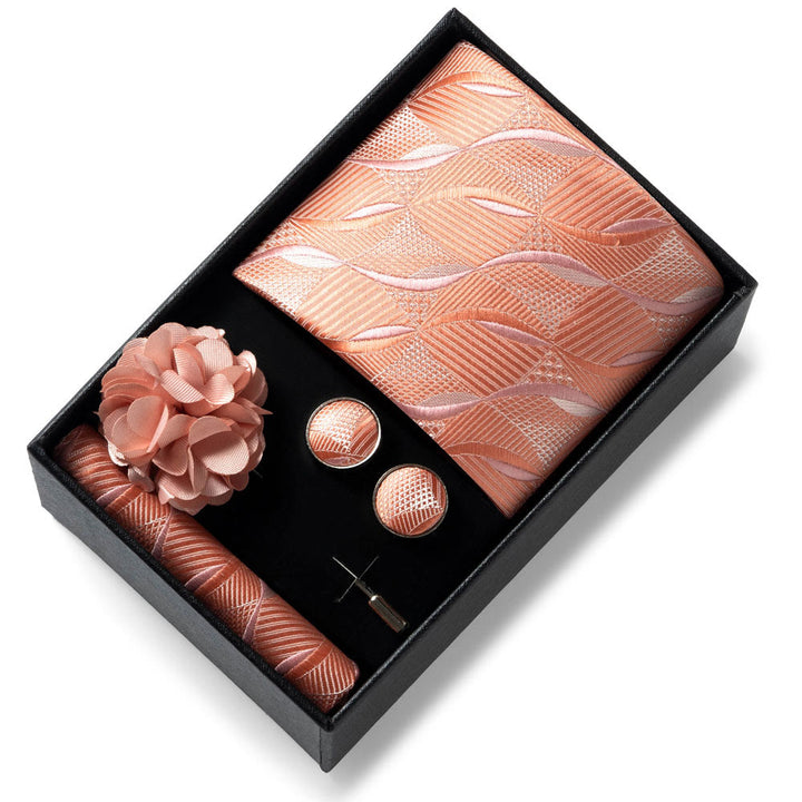 4-teiliges Herren-Set aus stilvollem, gemustertem Stoff: Krawatte, Einstecktuch, Manschettenknöpfe und Reversblume - Stil Nr. 50 - image 49