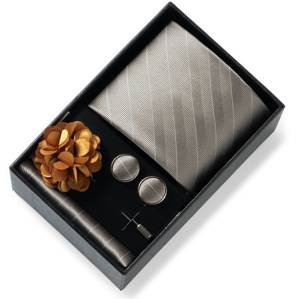 4-teiliges Herren-Set aus stilvollem, gemustertem Stoff: Krawatte, Einstecktuch, Manschettenknöpfe und Reversblume - Stil Nr. 24 - image 23