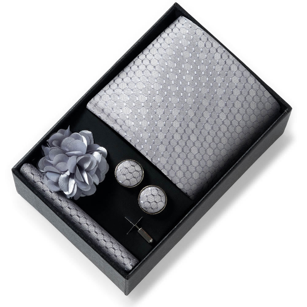 4-teiliges Herren-Set aus stilvollem, gemustertem Stoff: Krawatte, Einstecktuch, Manschettenknöpfe und Reversblume - Stil Nr. 52 - image 51