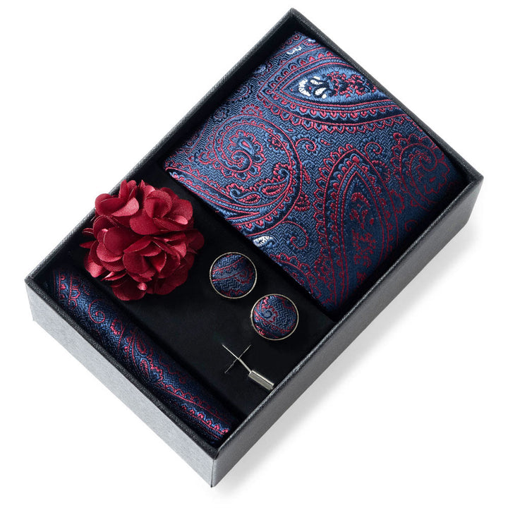 4-teiliges Herren-Set aus stilvollem, gemustertem Stoff: Krawatte, Einstecktuch, Manschettenknöpfe und Reversblume - Stil Nr. 2 - image 1