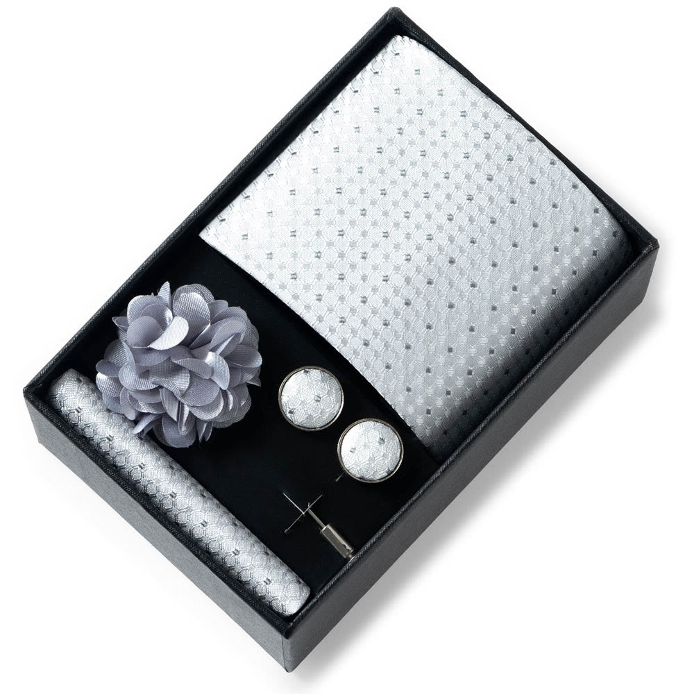 4-teiliges Herren-Set aus stilvollem, gemustertem Stoff: Krawatte, Einstecktuch, Manschettenknöpfe und Reversblume - Stil Nr. 53 - image 52