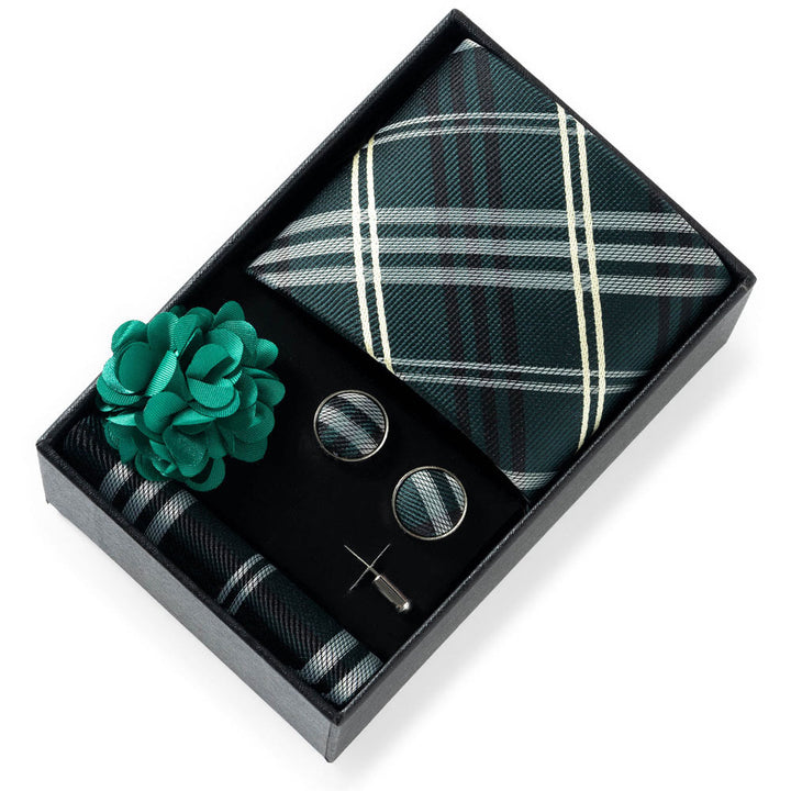 4-teiliges Herren-Set aus stilvollem, gemustertem Stoff: Krawatte, Einstecktuch, Manschettenknöpfe und Reversblume - Stil Nr. 45 - image 44