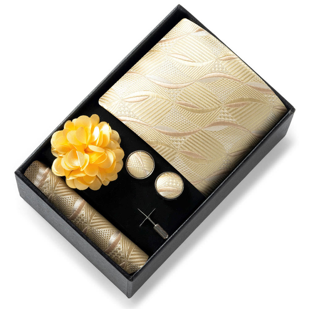 4-teiliges Herren-Set aus stilvollem, gemustertem Stoff: Krawatte, Einstecktuch, Manschettenknöpfe und Reversblume - Stil Nr. 51 - image 50