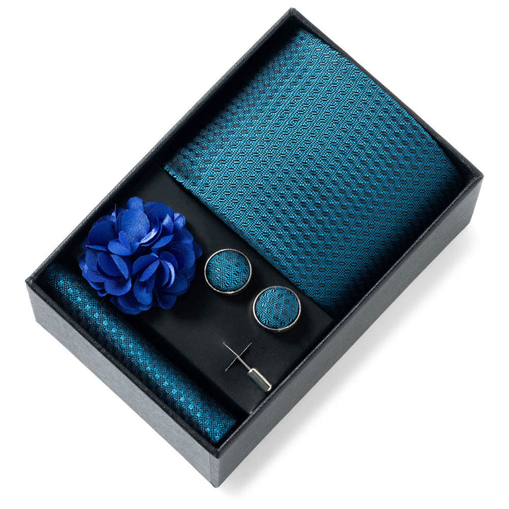 4-teiliges Herren-Set aus stilvollem, gemustertem Stoff: Krawatte, Einstecktuch, Manschettenknöpfe und Reversblume - Stil Nr. 19 - image 18