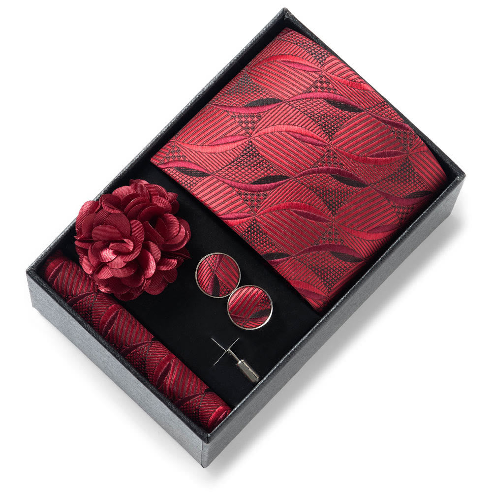 4-teiliges Herren-Set aus stilvollem, gemustertem Stoff: Krawatte, Einstecktuch, Manschettenknöpfe und Reversblume - Stil Nr. 44 - image 43