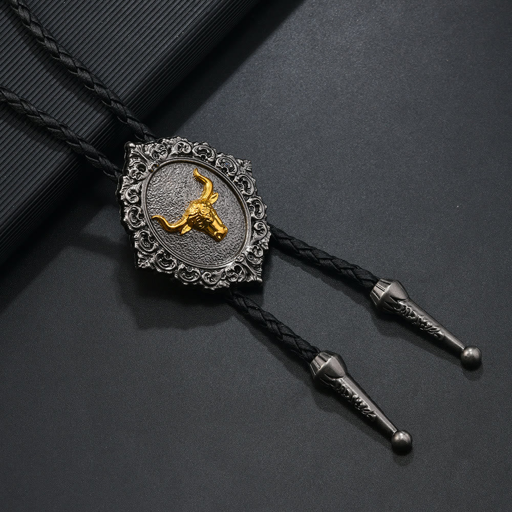 Vintage Bolo-Krawatte mit Pferde- und Stierkopfemblem aus geschnitztem Metall - Stier - image 2