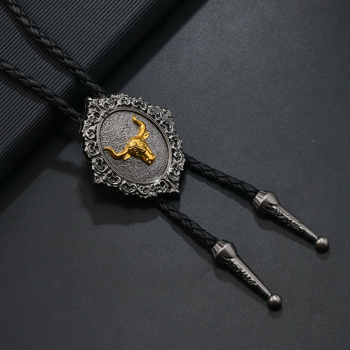 Vintage Bolo-Krawatte mit Pferde- und Stierkopfemblem aus geschnitztem Metall - Stier - image 2