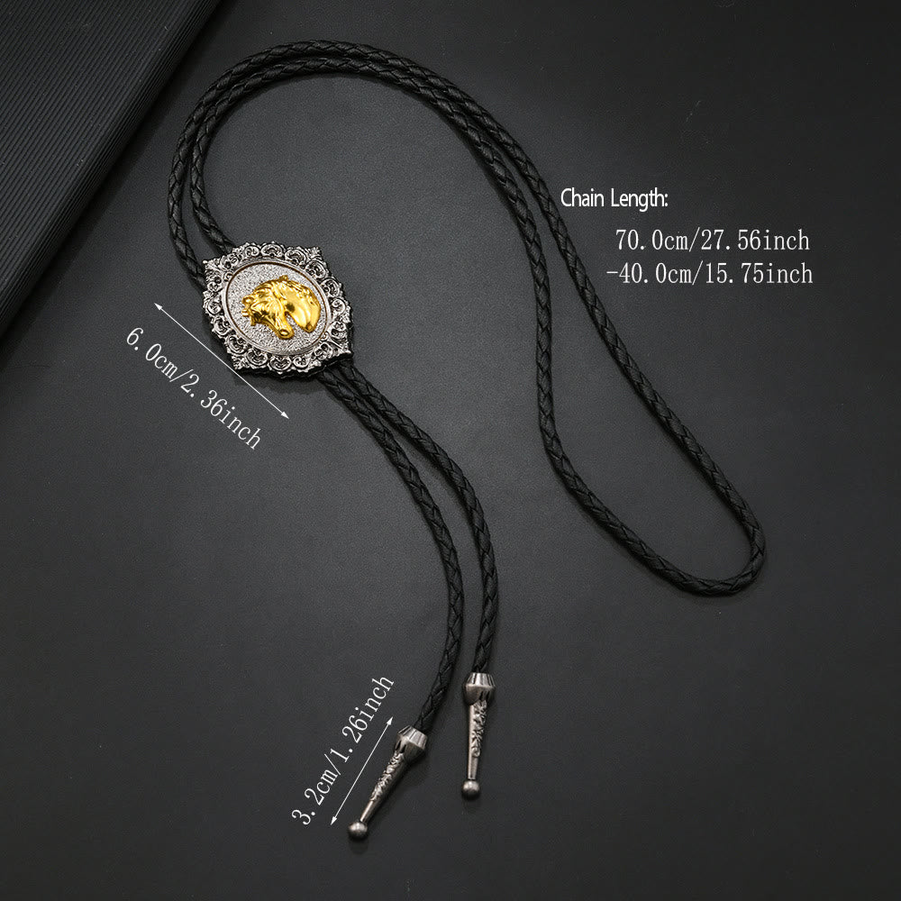 Vintage Bolo-Krawatte mit Pferde- und Stierkopfemblem aus geschnitztem Metall - image 4