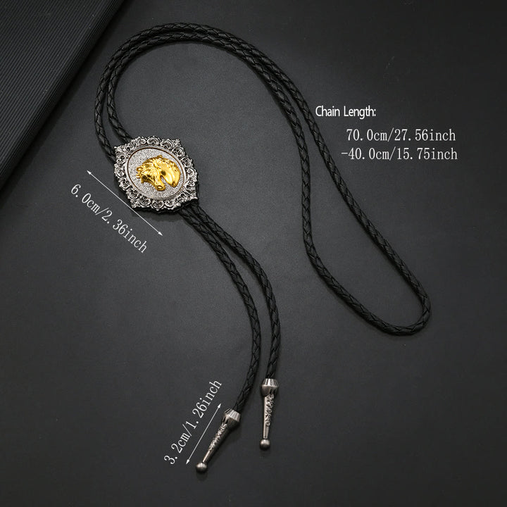 Vintage Bolo-Krawatte mit Pferde- und Stierkopfemblem aus geschnitztem Metall - image 4