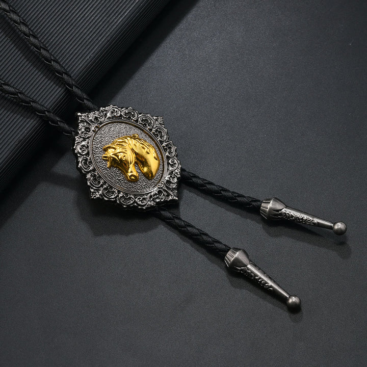 Vintage Bolo-Krawatte mit Pferde- und Stierkopfemblem aus geschnitztem Metall - Pferd - image 1