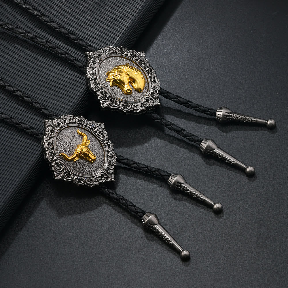 Vintage Bolo-Krawatte mit Pferde- und Stierkopfemblem aus geschnitztem Metall - image 0