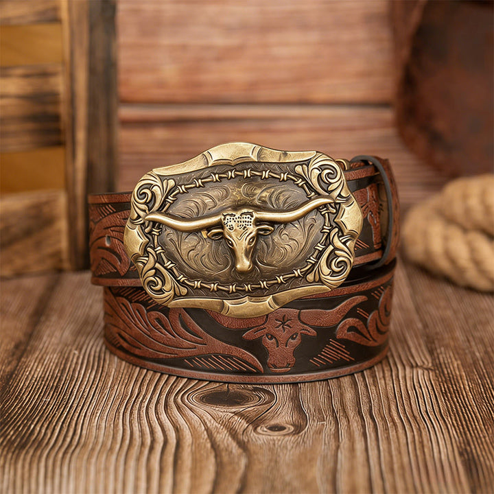 Herren-Ledergürtel im Retro-Stil mit Stierkopf-Schnalle - Braun - 38 - image 0