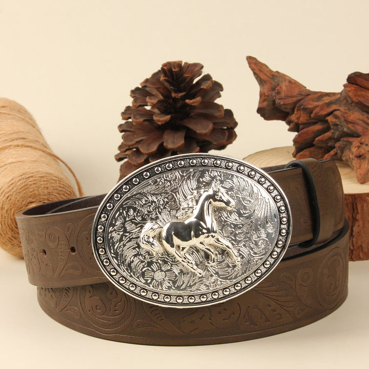 Herren-Ledergürtel mit goldenem Pferd, silberner ovaler Schnalle, geprägtem Leder - Silbernes Pferd + Brauner Gürtel - 38 - image 3