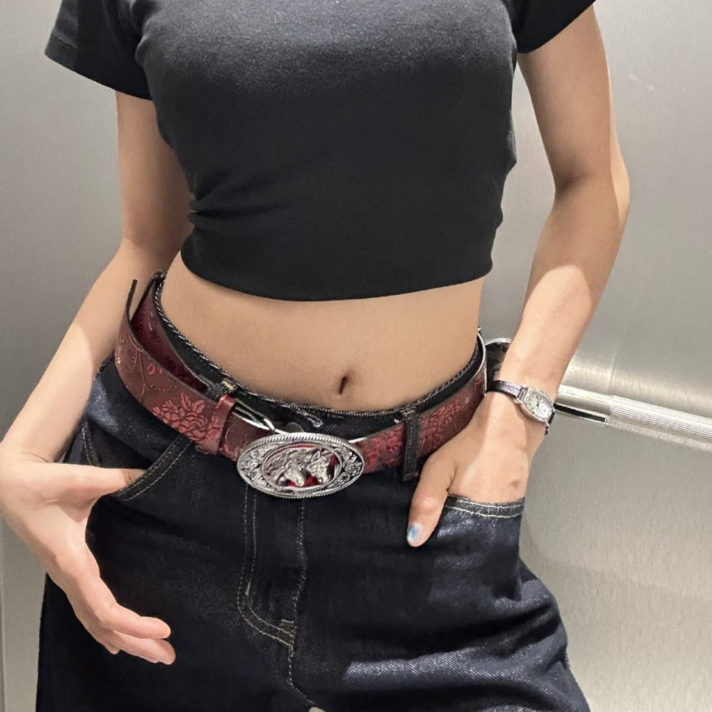 Damengürtel mit Blumenmuster, schwarz und rot, doppelte Pferdekopfschnalle - image 1