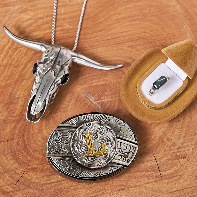 DIY-Set mit Anfangsbuchstaben, versteckter Messerschnalle, Stierkopf-Anhänger und Ring - L - Ohne Gürtel - image 17