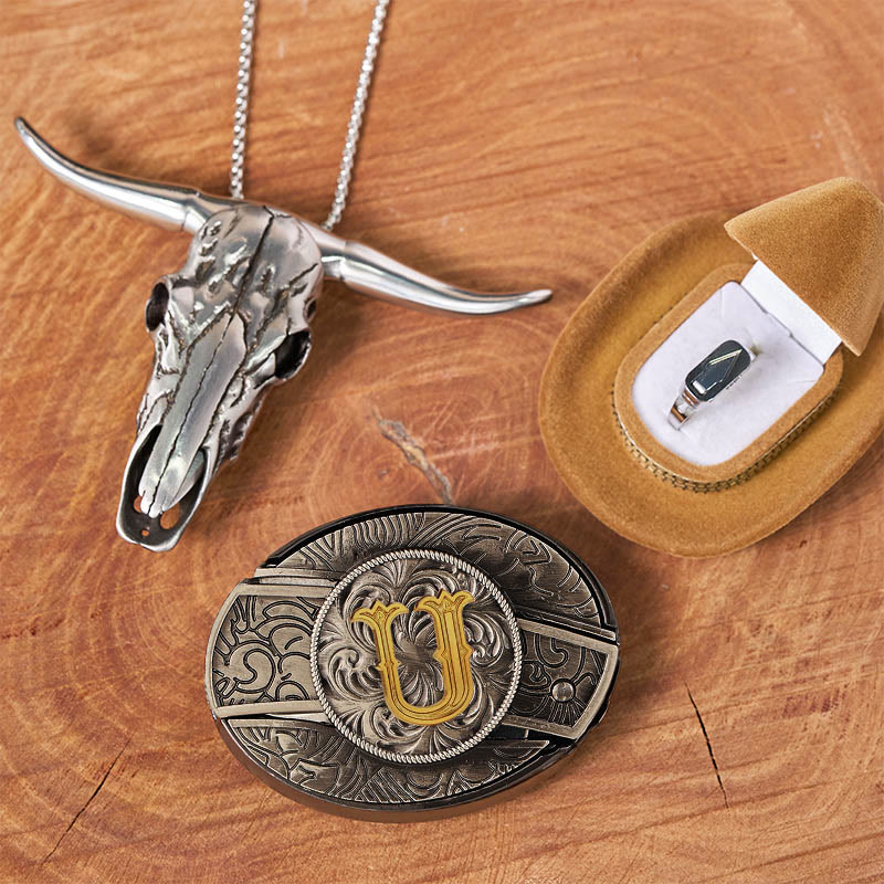 DIY-Set mit Anfangsbuchstaben, versteckter Messerschnalle, Stierkopf-Anhänger und Ring - U - Ohne Gürtel - image 26