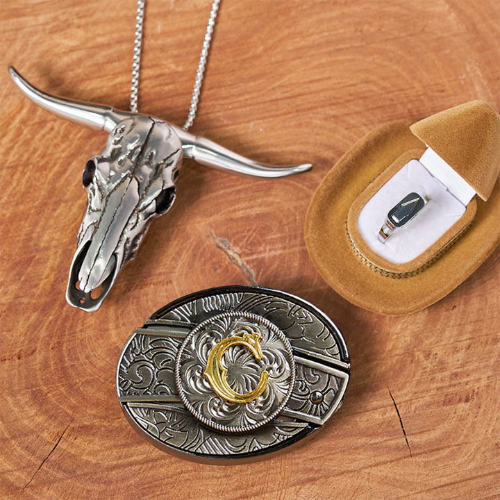 DIY-Set mit Anfangsbuchstaben, versteckter Messerschnalle, Stierkopf-Anhänger und Ring - C - Ohne Gürtel - image 8