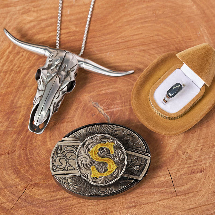 DIY-Set mit Anfangsbuchstaben, versteckter Messerschnalle, Stierkopf-Anhänger und Ring - S - Ohne Gürtel - image 24