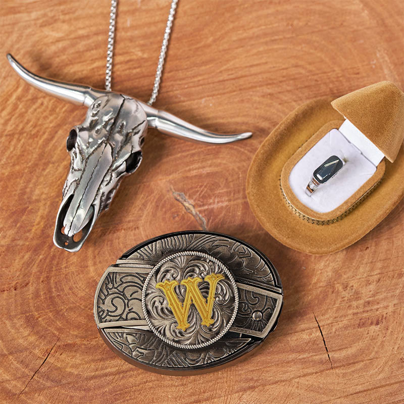 DIY-Set mit Anfangsbuchstaben, versteckter Messerschnalle, Stierkopf-Anhänger und Ring - W - Ohne Gürtel - image 28