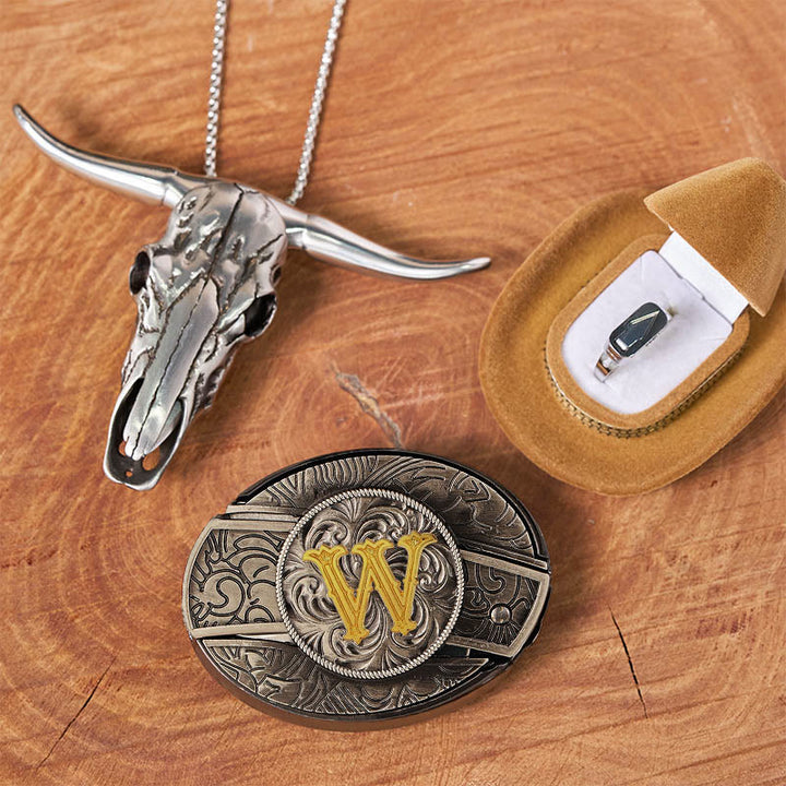 DIY-Set mit Anfangsbuchstaben, versteckter Messerschnalle, Stierkopf-Anhänger und Ring - W - Ohne Gürtel - image 28