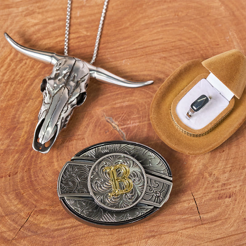 DIY-Set mit Anfangsbuchstaben, versteckter Messerschnalle, Stierkopf-Anhänger und Ring - B - Ohne Gürtel - image 1