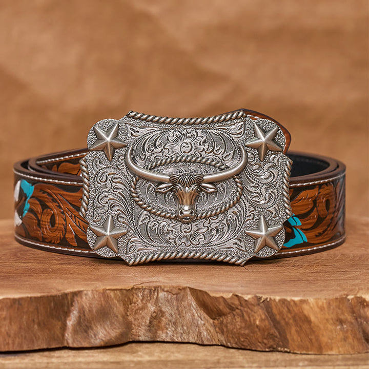 Vintage-Ledergürtel für Herren mit Stierkopf-Motiv und Sternenschnalle - Silber - Brauner Federgürtel - 40 - image 15