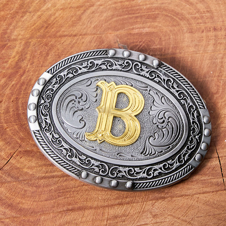 Herren-Ledergürtel, silber-schwarz, oval, mit goldener Buchstabenschnalle - image 1