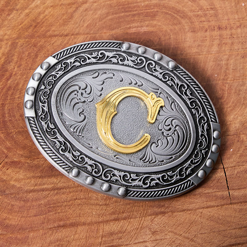Herren-Ledergürtel, silber-schwarz, oval, mit goldener Buchstabenschnalle - image 3