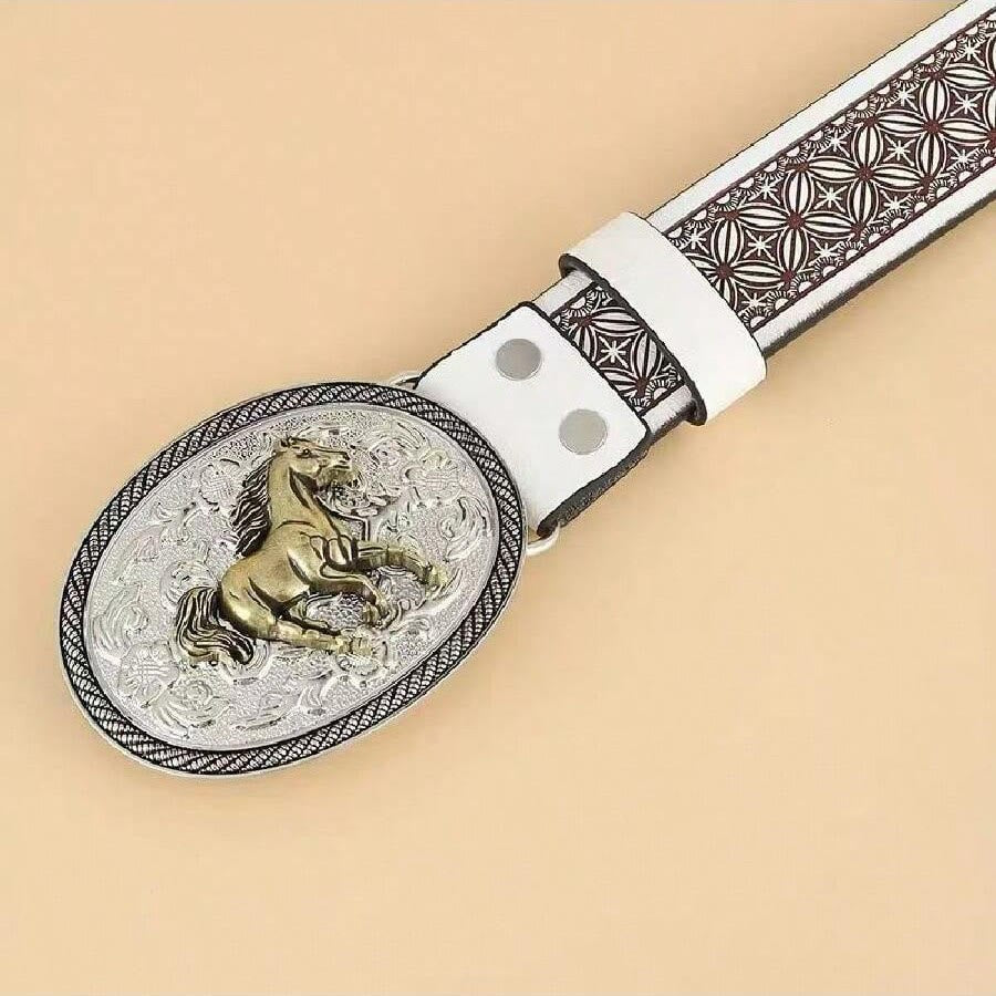 Vintage-Gürtel aus goldfarbenem Leder mit Pferdemotiv-Schnalle und geometrischem, dunklem Rand - image 2