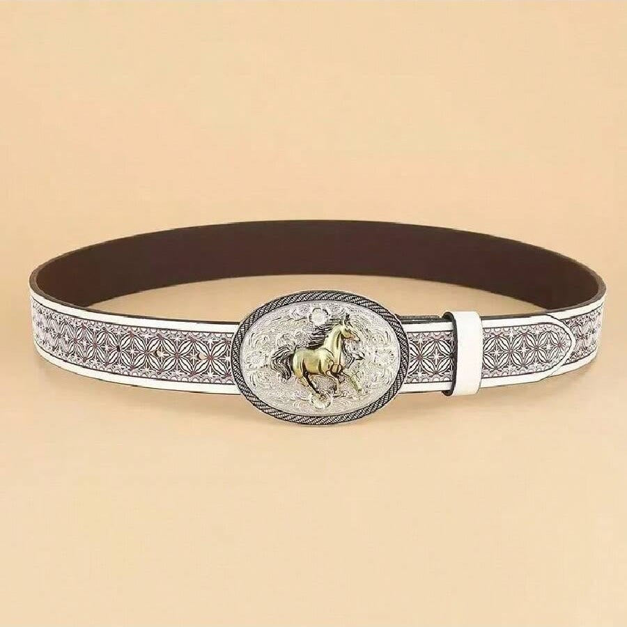 Vintage-Gürtel aus goldfarbenem Leder mit Pferdemotiv-Schnalle und geometrischem, dunklem Rand - image 1