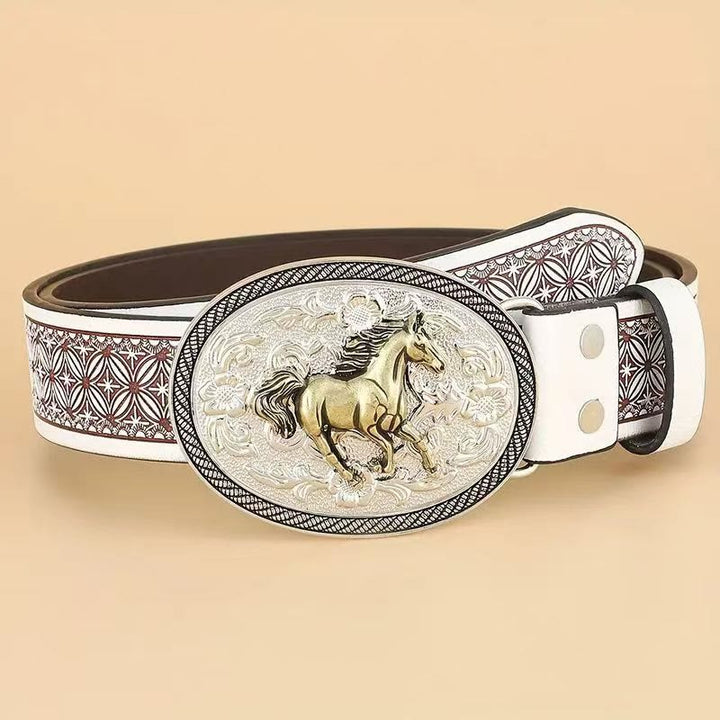 Vintage-Gürtel aus goldfarbenem Leder mit Pferdemotiv-Schnalle und geometrischem, dunklem Rand - Silber - 42 - image 0