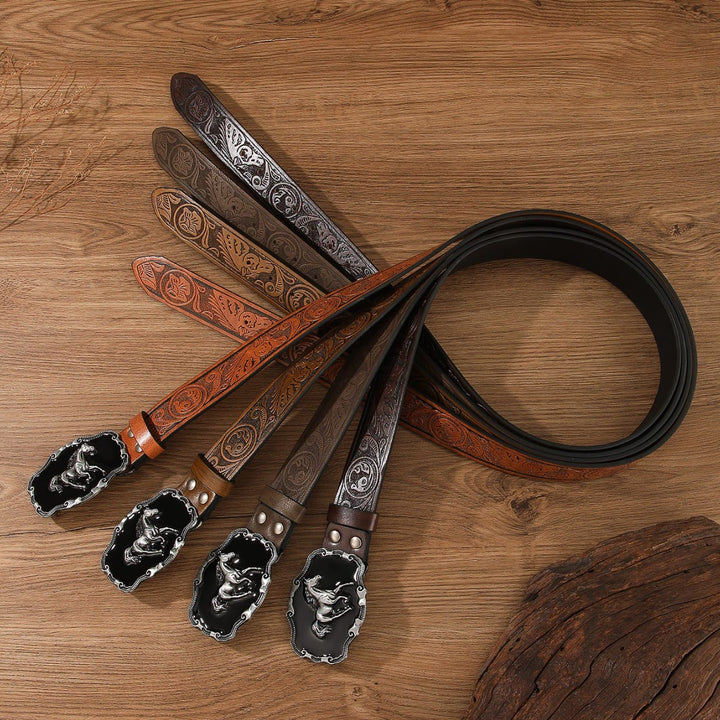 Retro-Ledergürtel mit Pferdemotiv und verzierter Schnalle, mehrfarbig, ohne Löcher - image 0