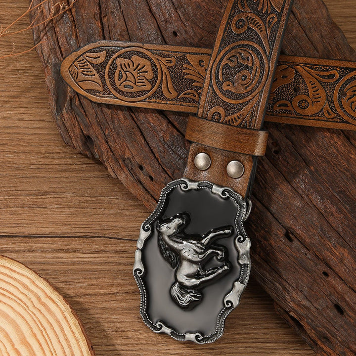 Retro-Ledergürtel mit Pferdemotiv und verzierter Schnalle, mehrfarbig, ohne Löcher - Karamellfarbe - 44 - image 3