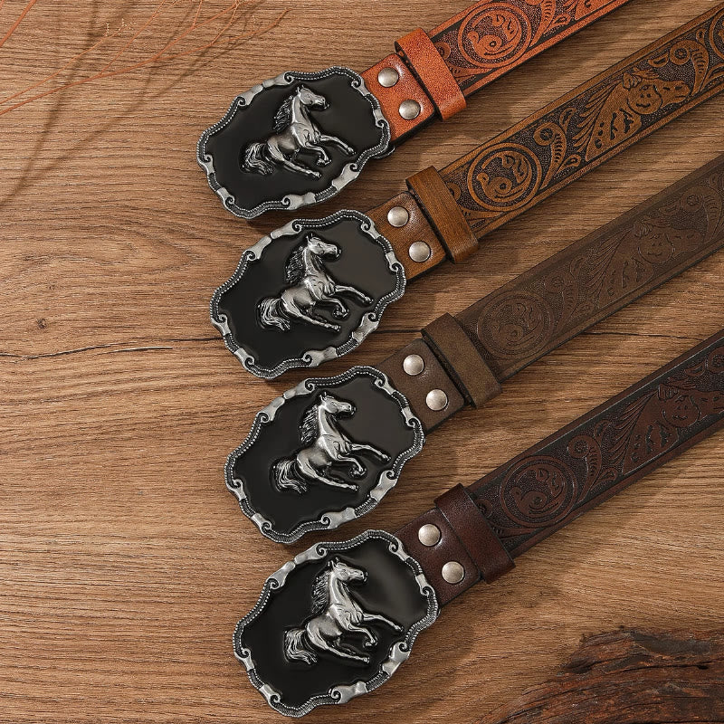 Retro-Ledergürtel mit Pferdemotiv und verzierter Schnalle, mehrfarbig, ohne Löcher - image 1
