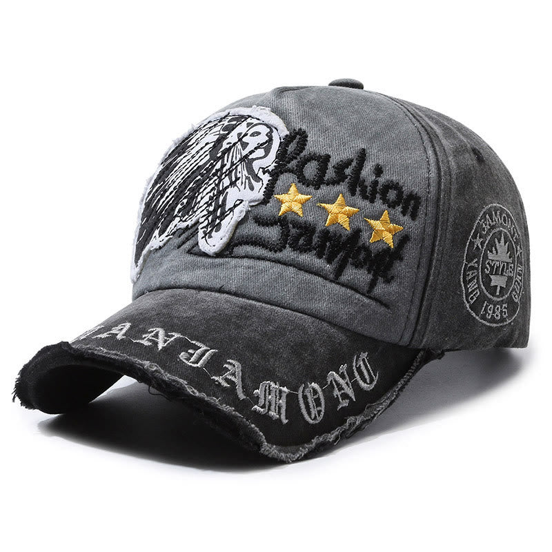 Baseballkappe aus abgenutztem Denim mit gesticktem Sternenmotiv und mehrfarbigem Design - Schwarz - Verstellbar (22''-23 5/8'') - image 0