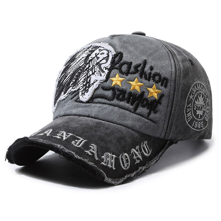 Baseballkappe aus abgenutztem Denim mit gesticktem Sternenmotiv und mehrfarbigem Design - Schwarz - Verstellbar (22''-23 5/8'') - image 0