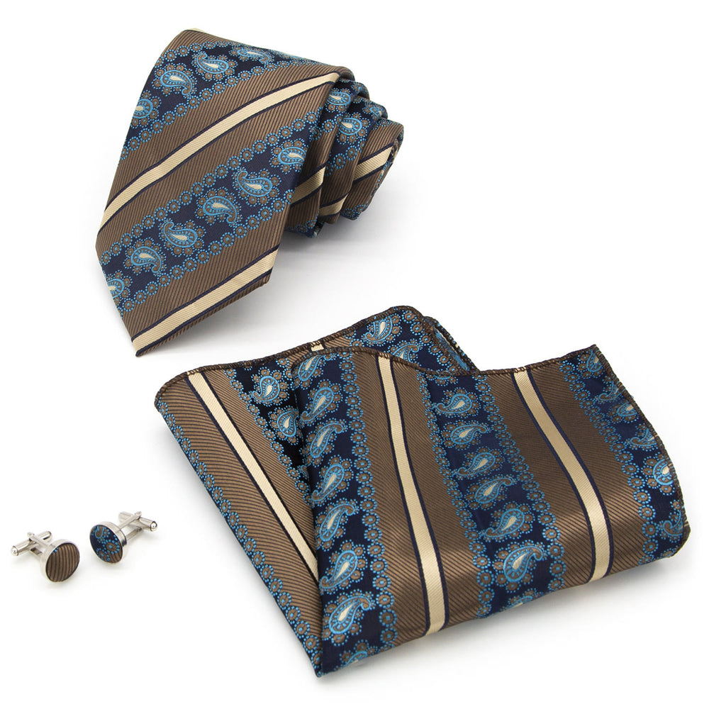 3-teiliges Krawatten-Set für Herren: Braun gestreift & Marineblau mit Paisleymuster - image 1