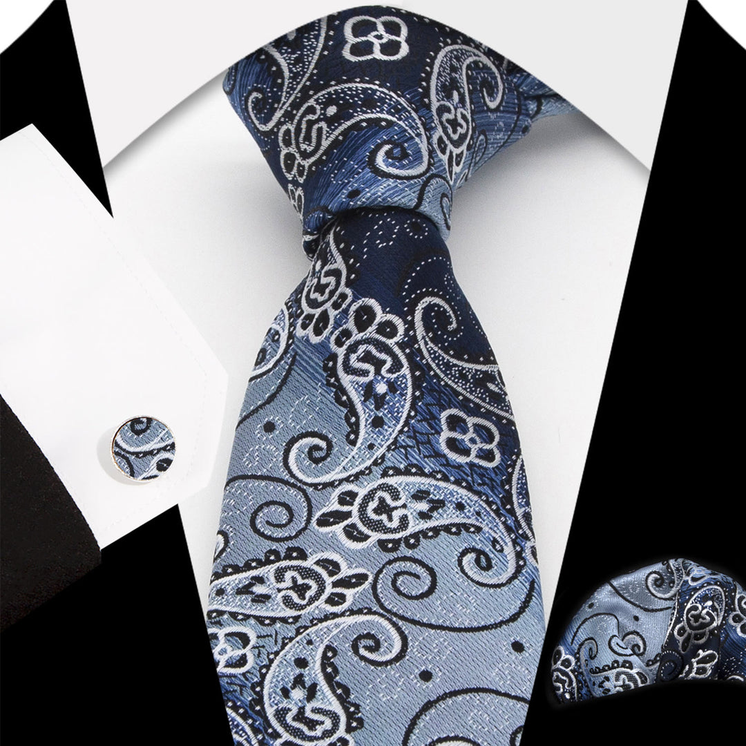 3-teiliges Herren-Krawatten-Set mit blauem Farbverlauf und Paisley-Muster - Blau - image 0