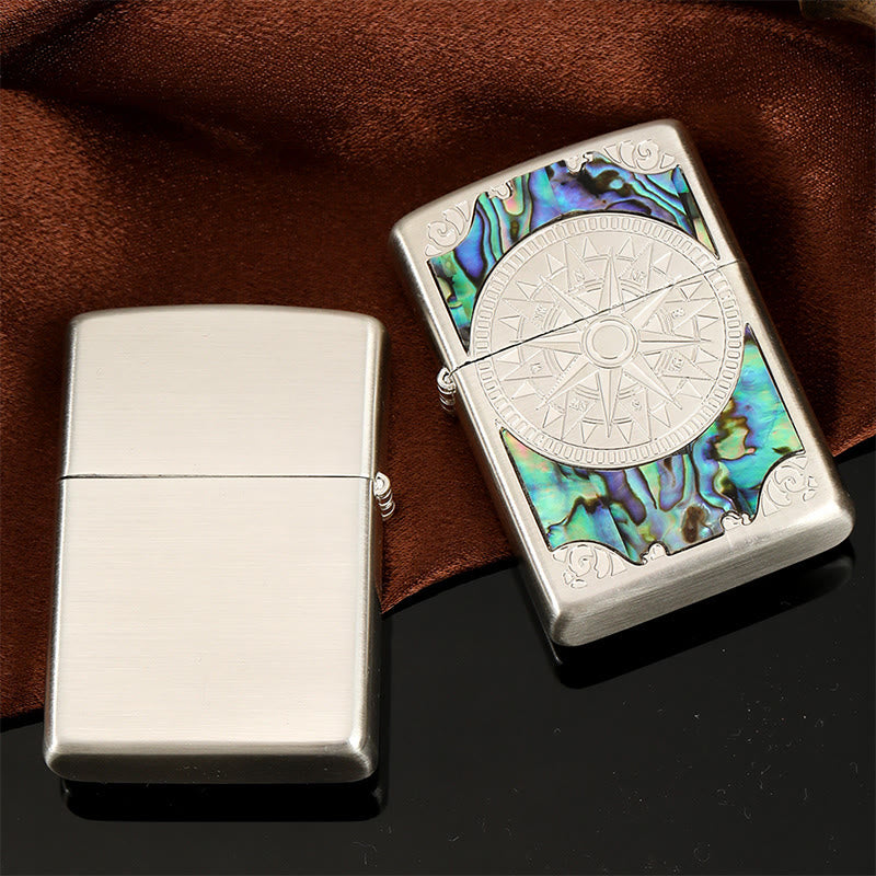 Silberfarbener, metallfarbener Muschelkompass, geschnitztes Petroleumfeuerzeug - image 2