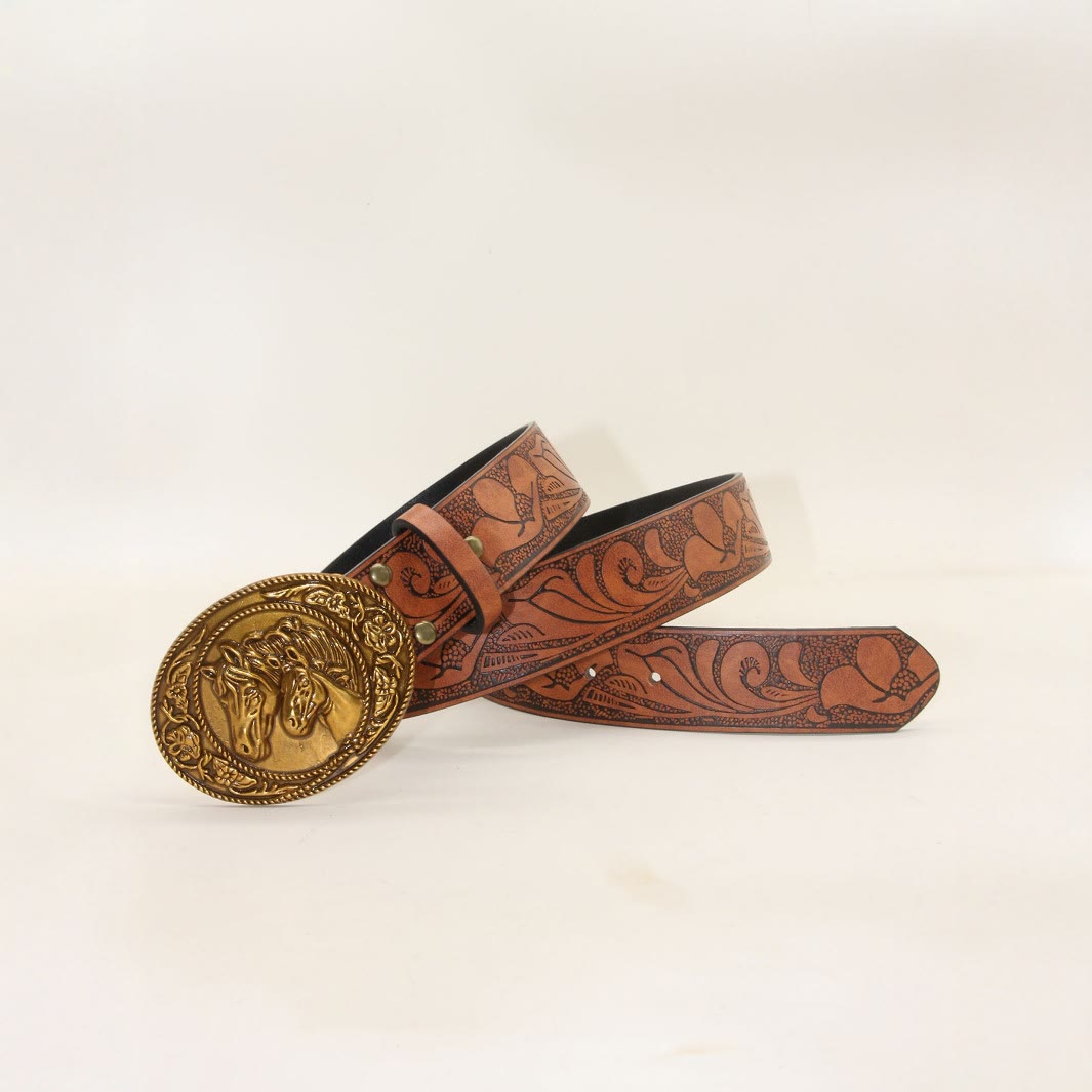 Herren-Ledergürtel im Westernstil mit doppelter Pferdekopfschnalle und Prägung - image 3