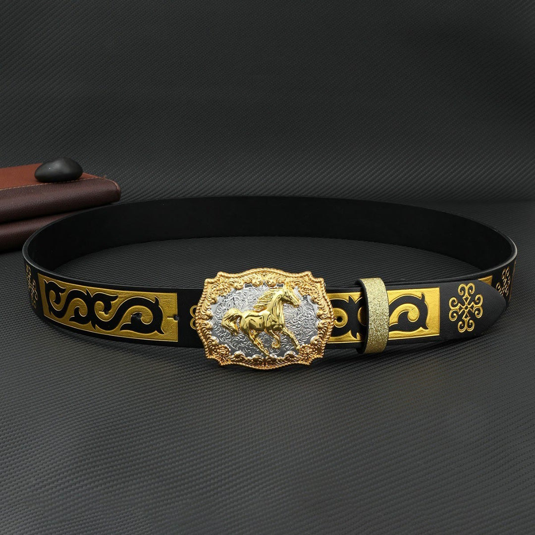 Herrengürtel mit goldener Pferde-Schnalle, schwarz-gold geprägt - image 2