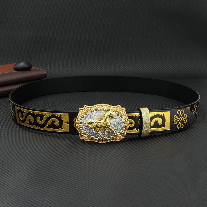 Herrengürtel mit goldener Pferde-Schnalle, schwarz-gold geprägt - image 2