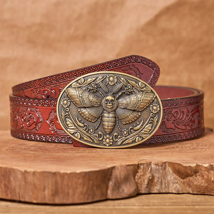 Ledergürtel „Dark Elegance“ mit Totenkopf-Mottenschnalle - Bronze - Brauner geschnitzter Gürtel - 42 - image 6