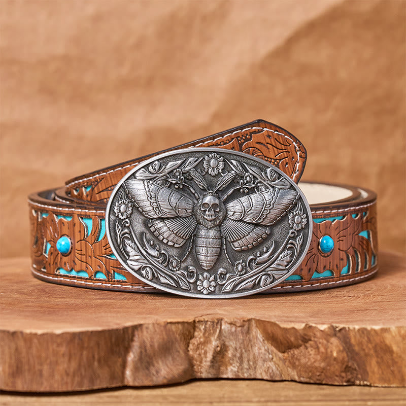 Ledergürtel „Dark Elegance“ mit Totenkopf-Mottenschnalle - Silber - Türkisfarbener, geschnitzter Gürtel - 42 - image 11