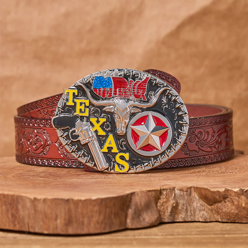 Ledergürtel im Texas-Stil mit Longhorn- und Sternmotiven, DIY-Schnalle - Texas Longhorn - Brauner geschnitzter Gürtel - 42 - image 6