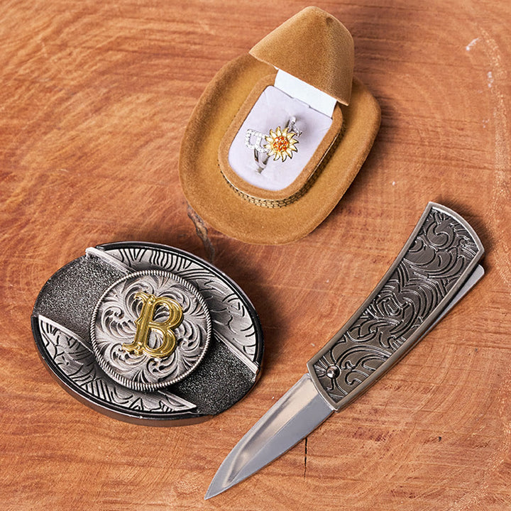 Drehbarer Sonnenblumenring mit Anfangsbuchstaben, DIY-Set mit verstecktem Messer und Gürtelschnalle - image 1
