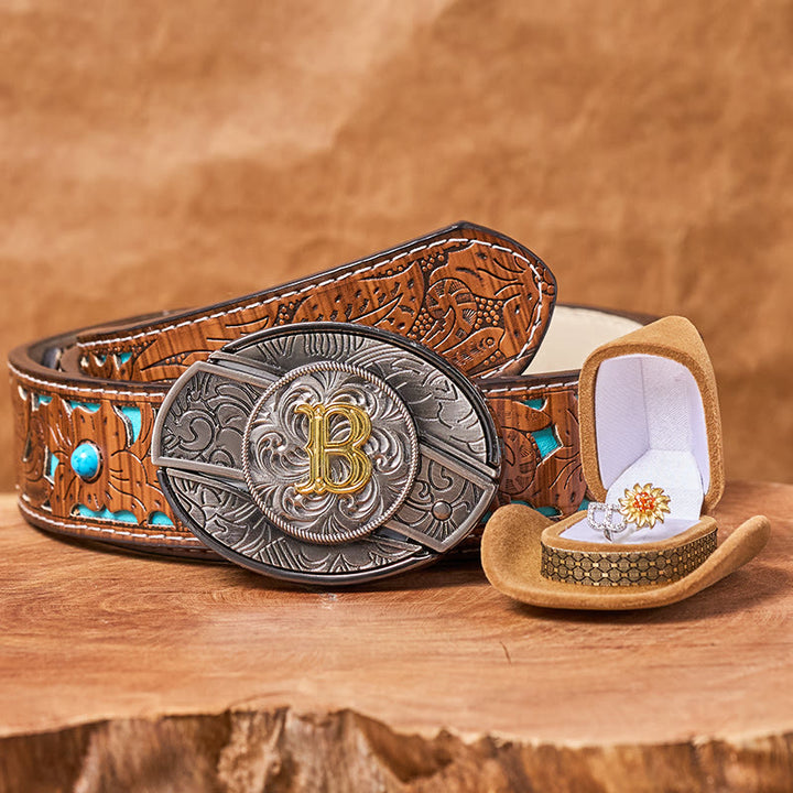 Drehbarer Sonnenblumenring mit Anfangsbuchstaben, DIY-Set mit verstecktem Messer und Gürtelschnalle - B - Türkisfarbener, geschnitzter Gürtel (40) - image 4