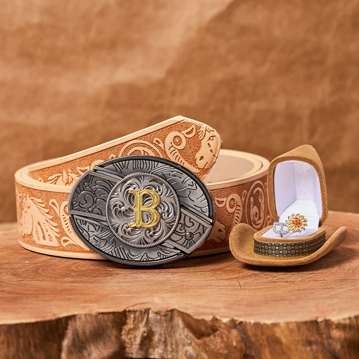 Drehbarer Sonnenblumenring mit Anfangsbuchstaben, DIY-Set mit verstecktem Messer und Gürtelschnalle - B - Kamelgeprägter Pferdegürtel (40) - image 5